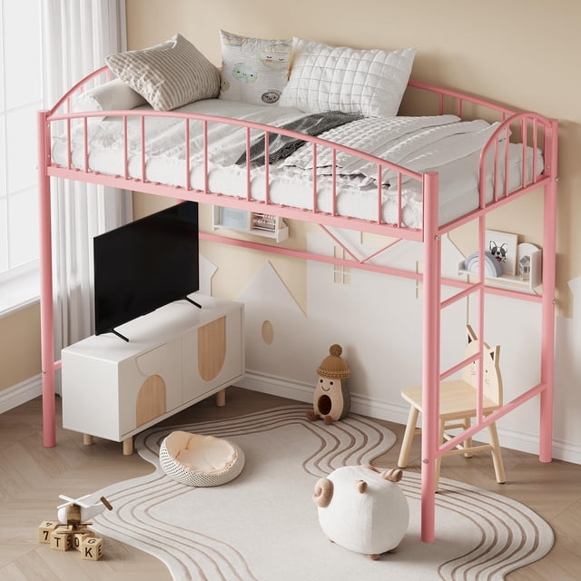 Kojooin Twin Size Loft Bed with Ladder & Arched Guardrail, Heavy Duty Metal Frame