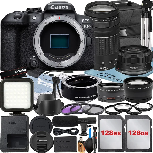 Canon EOS R10 Mirrorless Camera with RF-S 18-45mm + EF 75-300mm Lens + Mount Adapter + 2 Pack 128GB Memory Card + Case + ZeeTech Accessory