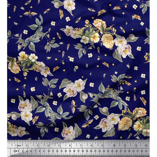 Soimoi Poly Georgette Fabric Leaves,Moth & Magnolia Floral Decor Fabric Printed Yard 42 Inch Wide