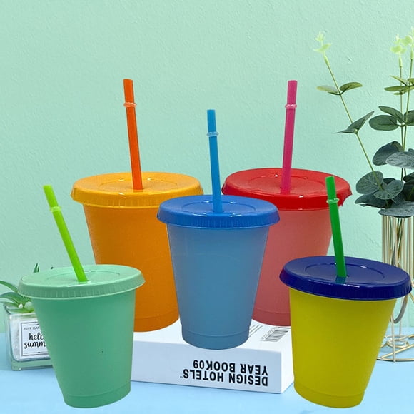 5Pcs Water Cups Plastic Color Changing Cold Drink Cup with Straw Lids Reusable Coffee Mugs