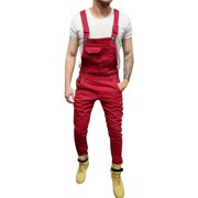 Men's Jeans Mens Pocket Jeans Overall Jumpsuit Streetwear Overall Suspender Pants Jeans Homme Slim Red L