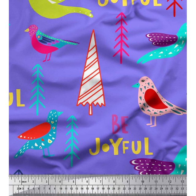 Soimoi Purple Rayon Crepe Fabric Text & Bird Artistic Print Fabric by Yard 46 Inch Wide