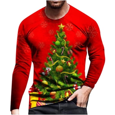 lcziwo Men's Christmas T-Shirts Long Sleeve Crewneck Tops Pullover Big and Tall Xmas Graphic Tee Shirt Merry Christmas Shirt for Men 2024 Red XXXXXL