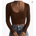 thumbnail image 1 of Faithtur Femmes Chemise Courte Manches Longues Profond Rond Couleur Unie Crop Tops Street Casual Party Street Printemps Automne Tops, 1 of 2