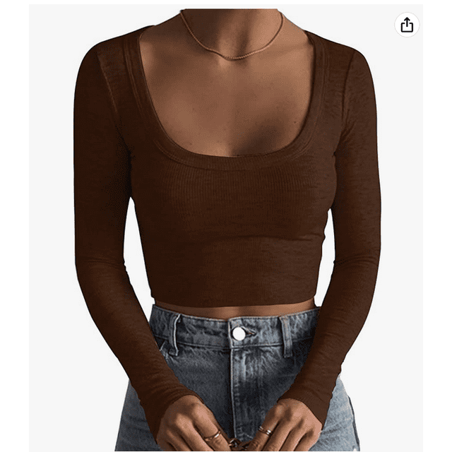 Faithtur Femmes Chemise Courte Manches Longues Profond Rond Couleur Unie Crop Tops Street Casual Party Street Printemps Automne Tops