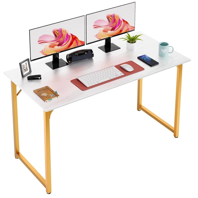 Computer desk 47'' Simple Desk with Adjustable Feet, Large Office Desk with Metal Legs, Modern Steel Frame Wood Study Desk for Home Office, Gold