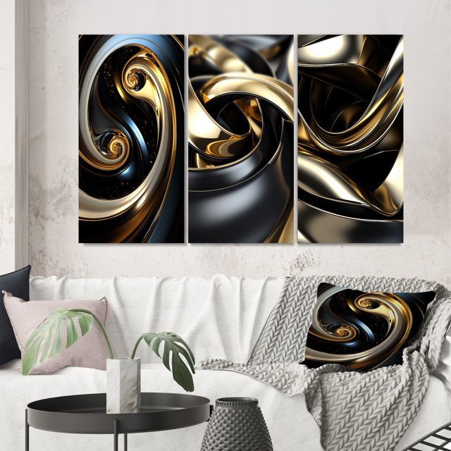 Designart "Double Spiral Swirl Abstract of Liquid Gold and Black" Abstract Spirals Wall Art Set Of 3 - Transitional Gold Canvas Set For Living Room Decor