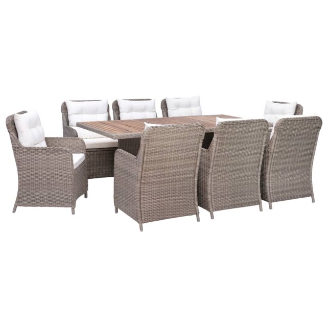 vidaXL Ensemble de Salle à Manger Extérieure de 9 Pièces avec Coussins en Poly Rotin Brun