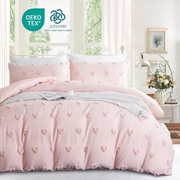 JOLUSERE Pink Housse de Couette à Pois Cœur Tuftés Ensemble Grand Lit, 3 Pcs Jacquard Ultra Doux Broderie Literie Shabby Chic pour Toutes les Saisons