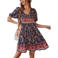 thumbnail image 2 of Faithtur Nouvelle Mode Robe d'Été à Manches Courtes pour Femmes Mode Imprimé Fleuri Col en V Taille Haute Robe Trapèze, 2 of 9