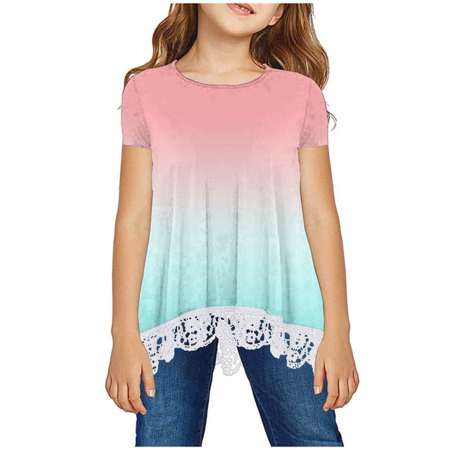 MeetoTime Kids Short Sleeve Tops Summer Casual Round Neck Gradient Color Lace Layered T-Shirt Tee for Girls