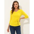 thumbnail image 3 of INSPIRE CHIC Women's Button Decor V Neck 3/4 Sleeve Ruch Top Lemon Yellow L, 3 of 5