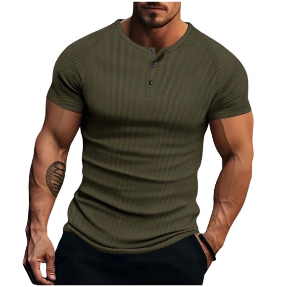 cfhntfmh Men's Henley Shirts Casual Ribbed Knitted Summer T-Shirt Slim Fit Short Sleeve Workout Muscle Tops for Gym
