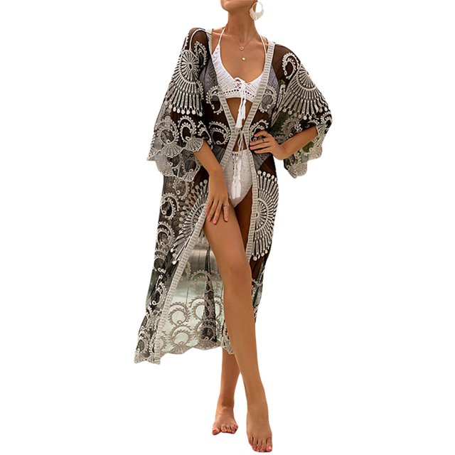 Gupgi Cardigan en Dentelle pour Femmes, Cache-Maillot de Bikini, Ajouré, Transparent, Long Kimono de Plage