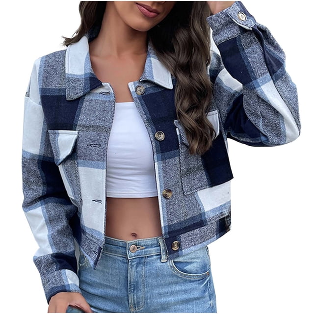 Yuyuzo Womens Cropped Plaid Shacket Button down Short Flannel Shirt Jacket Coat Outwear with Pockets