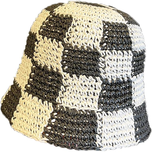 LinYooLi Chapeau Seau en Paille pour Femmes Chapeau de Pêcheur en Crochet Patchwork à Carreaux Protection Solaire Extérieur Chapeau Seau Creux pour Dames