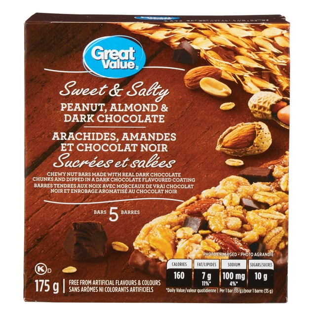 Great Value Sweet & Salty Peanut, Almond & Dark Chocolate Bars box with 5 chewy nut granola bars made from real dark chocolate chunks and coated in dark chocolate flavour, weighing 175 g, ideal as a sweet and salty snack bar with peanuts and almonds.