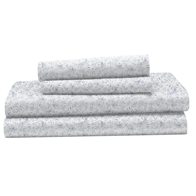 Hometrends Ensemble de Draps 100 % Coton, 400 Fils - Satin avec Tissu Blanc et Motif floral Bleu Pâle, Plié pour Montrer Drap Plat, Drap-Housse avec Technologie True Grip fit, et Taies d'Oreiller, Conçu pour la Respirabilité, la Résistance aux Plis et la Durabilité.