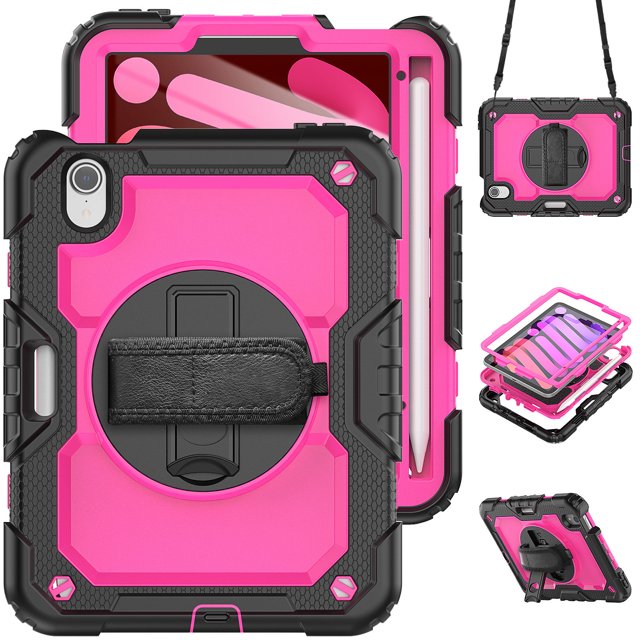 Case for iPad Mini 7 A17 Pro 2024/Mini 6 2021 8.3 Inch 7th/6th Gen with Screen Protector, 360 Degree Rotating Kickstand Hand Strap Shockproof Cover with Shoulder Strap, Rose PC
