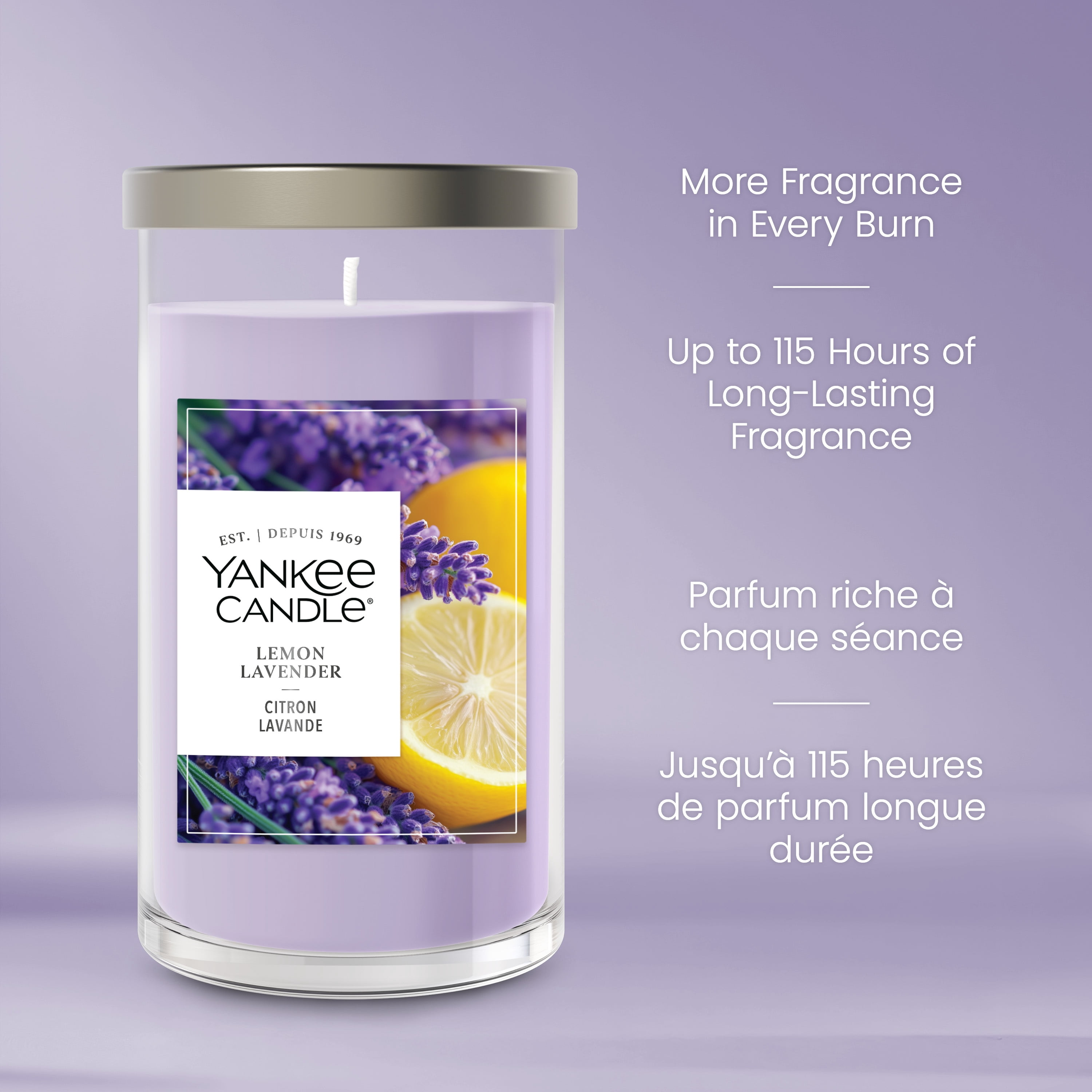 Bougie parfumée Yankee Candle Signature, Citron lavande, bougie pilier format moyen, parfumés avec jusqu’à 115 heures de temps de combustion, mélange de cire de soya pour un parfum constant