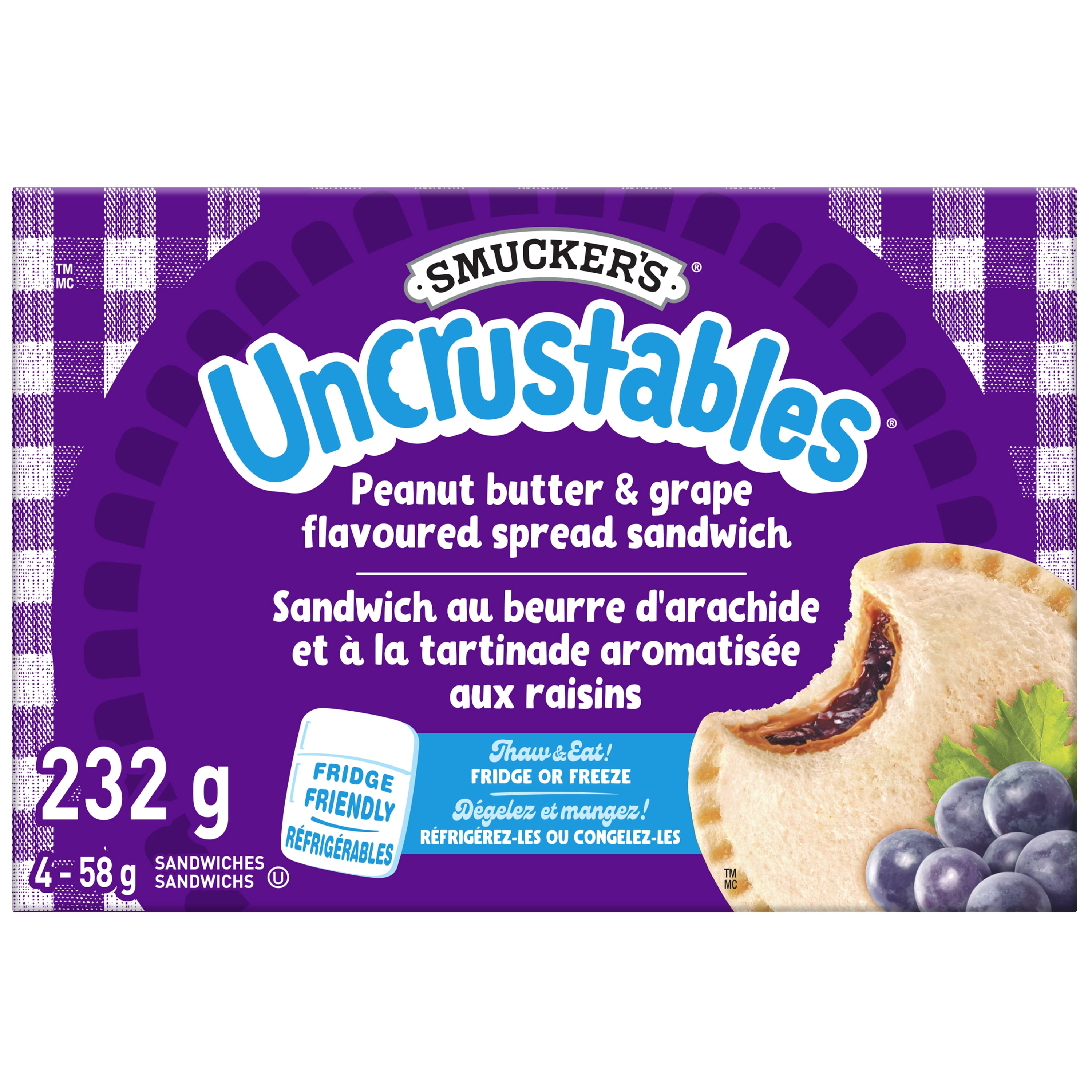 Smucker's Uncrustables Peanut Butter and Grape Flavoured Spread Sandwich, Frozen,58g, Pack of 4