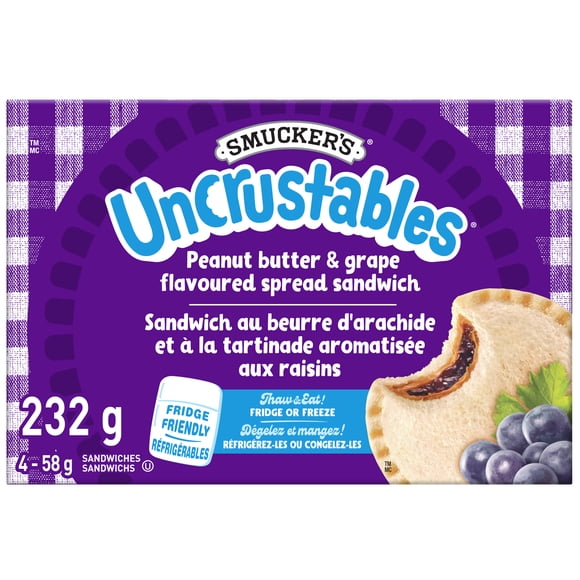 Smucker's Uncrustables Peanut Butter and Grape Flavoured Spread Sandwich, Frozen,58g, Pack of 4