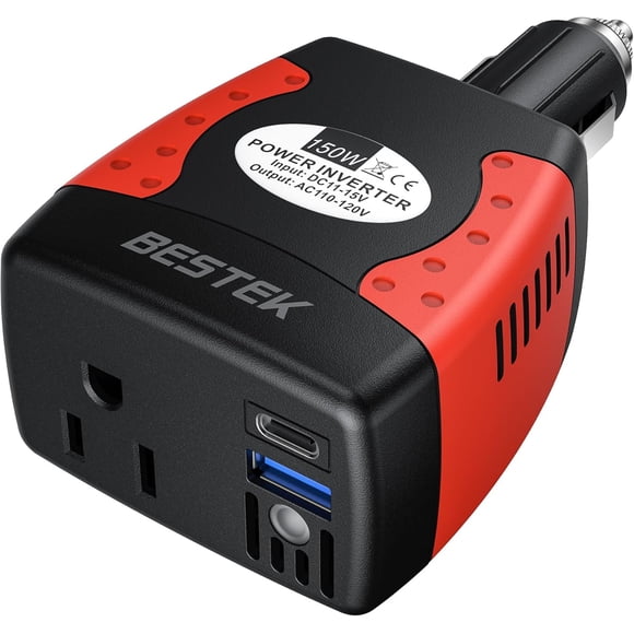 BESTEK Onduleur de Voiture 150W, Chargeur de Voiture DC 12V vers 110V Convertisseur CA PD 30W QC 3.0 18W Chargeur USB Chargeur pour Ordinateur Portable Adaptateur d'Alimentation de Sortie pour Voiture