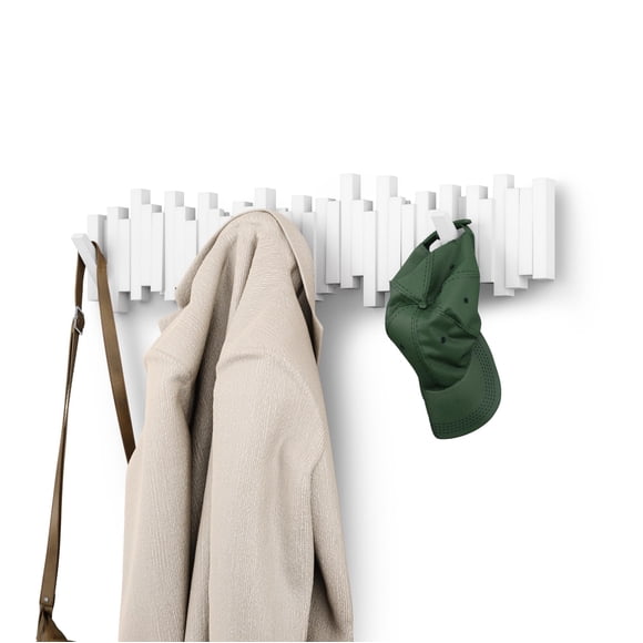 Umbra Sticks Wall-Mounted Coat Rack Rail Hook with 8 Retractable Pegs  Modern, Space-Saving Storage Organizer, White