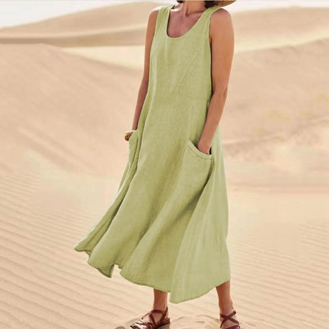 Pisexur Robes d'Été pour Femmes Été 2023 Décontractées Amples Unies Maxi Robe Soleil Robe Débardeur Smockée Sans Manches Coton Plage à Volants Longues Robes