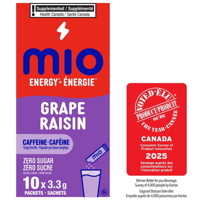 mio Energy Grape Energy Drink Mix box containing ten 3.3 g packets, with a red and purple label featuring the blue mio logo, caffeine content, zero sugar, and a graphic of powder pouring into a glass, plus a red badge indicating it was voted Canada's 2025 Product of the Year for beverage innovation.