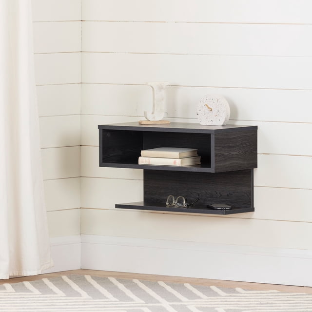 South Shore Sazena Floating Nightstand for Adult in gray oak, wall-mounted bedroom furniture with an open upper shelf holding books and a lower shelf displaying glasses and a phone, ideal for versatile storage and space-saving in modern rooms.