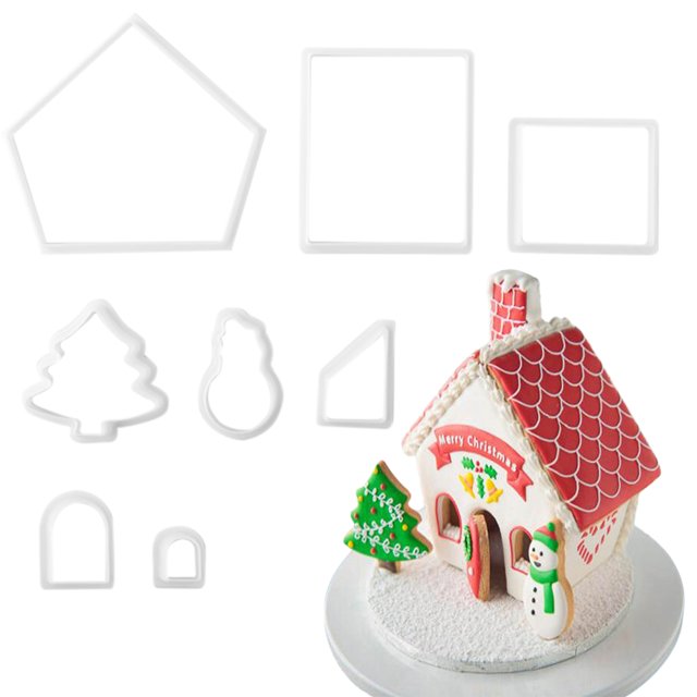 Ensemble de 8 Moules à Biscuits en Forme de Maison en Pain d'Épice Biscuit Cutter Cookie Cutter pour Noël. Comprend 8 Moules en Plastique Blancs de Formes Telles Que Pentagone, Carré, Arbre, Bonhomme de Neige et Arche, Idéal pour Créer des Biscuits Maison en Pain d'Épice et Décorer des Gâteaux. Parfait pour la Pâtisserie et les Bricolages à Thème de Noël.
