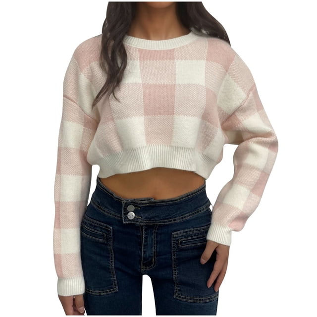 cfhntfmh Cropped Sweaters for Women 2024 Fall Trendy Oversized Sweaters Long Sleeve Round Neck Pullover Tops