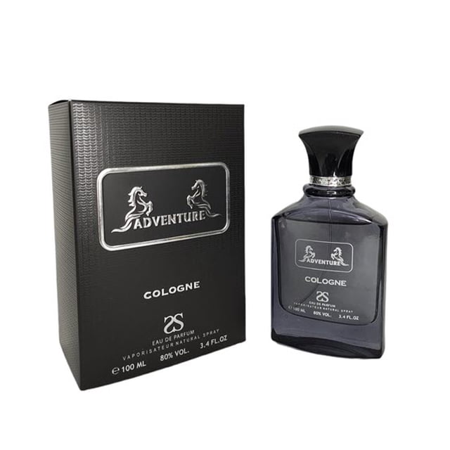 Symphony Adventure Cologne EDP For Him 100ml / 3.4oz, a men's cologne presented in a sleek black bottle paired with a textured box featuring the Adventure logo and branding. This fragrance for men emphasizes intense oud and saffron notes.