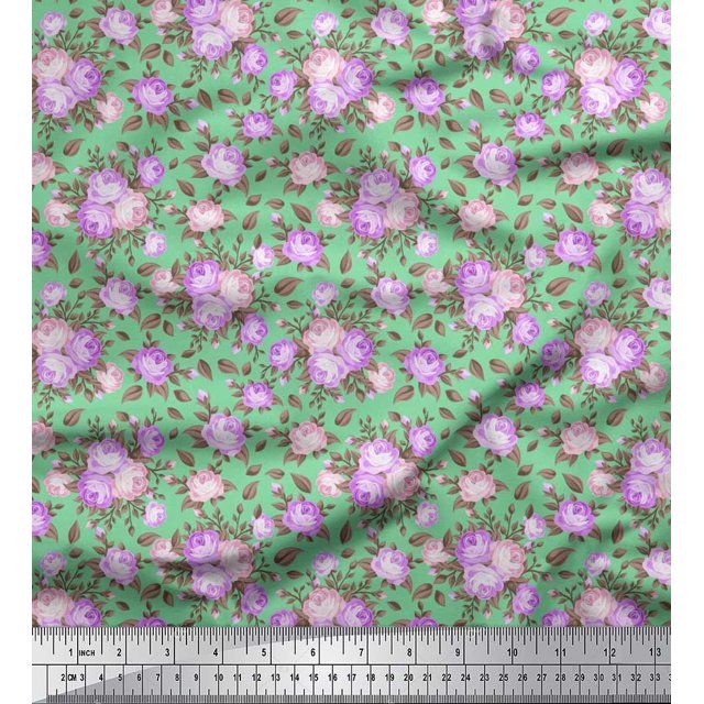 Soimoi Tissu Poly Georgette Feuilles & Roses Imprimé Floral 1 Yard 52 Pouces de Large