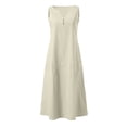thumbnail image 4 of Ohufall Robe Femme en Coton et Lin à Col en V Sans Manches Décontractée Robe Débardeur Unie Confortable avec Poches Robe Midi d'Été Chic, 4 of 5