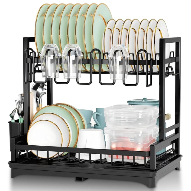 Stelive 2-Tier Dish Drying Rack in black, featuring a multifunctional design with a top tier for plates and glasses, and a bottom tier for bowls, cups, and containers. Made of high-quality iron with a durable coating, it includes a cutlery holder and a 360-degree rotatable drainboard for efficient water drainage. Ideal for maximizing kitchen space and keeping countertops dry and organized.