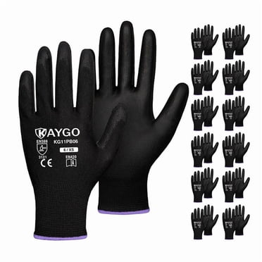 KAYGO Gants de Travail de Sécurité, 12 Paires, Gants en Tricot Sans Coutures Enduits PU pour Hommes et Femmes (TP, Noir)