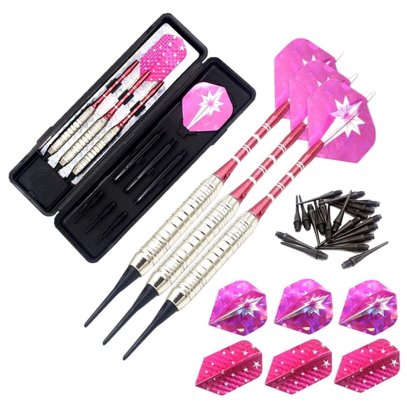 Roobeeo Soft Tip Darts Set for Electronic Dart Board 18/22g Plastic Tip Darts Set with Brass Barrels&Aluminum Shafts, 6 Flights 3 Spare Plastic Dart Shaft 20 Soft Tips Portable Case (18g-Silver&Pink)
