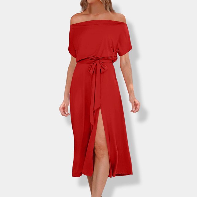 Gspmoly Robes d'Été pour Femmes, Robe d'Été pour Femmes à la Mode, Tempérament, Unie, à Manches Courtes, Épaules Dénudées, Robes de Cocktail, Économies