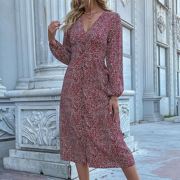 Sales! Cameland Women'S Fashion Casual Print Long Sleeve V-Neck Pleated Mini Dress