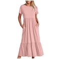 thumbnail image 1 of Penkiiy Robes Maxi pour Femmes 2024 Décontractées d'Été à Manches Courtes, Robe d'Été Ample Plissée à Étages Fluide de Plage avec Poches P Rose, 1 of 5