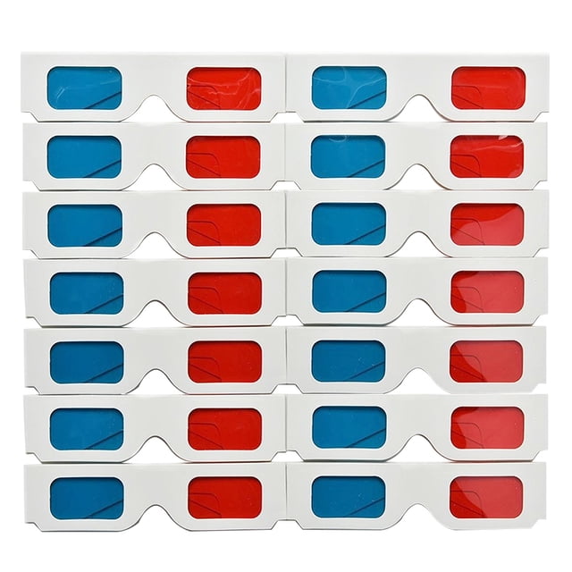 Images 3D de Qualité Cinéma Lunettes Oeil 3D Lot de 50 Présentant des Lentilles Rouges et Bleues dans une Monture Légère en Papier et Plastique. Conçues pour des Vidéos 3D, des Films et des Jeux, Ces Lunettes Conviennent à une Utilisation à la Maison Ou au Cinéma. l'Image Montre une Pile de Lunettes 3D à Monture Blanche avec des Lentilles Rouges et Bleues Alternées.