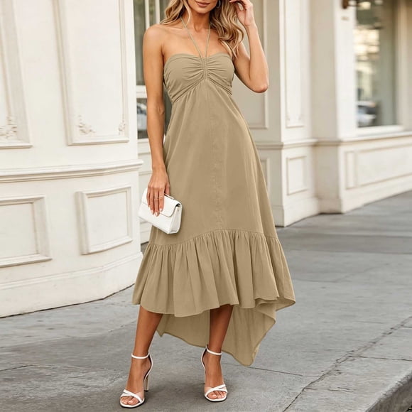 pstuiky Sundresses for Women, Women Sleeveless Ruffle Hem Asymmetrical High Low Maxi Dress Casual Solid Long Dress for Women Summer Beach Party Evening Wear Loose Fit Flowy Sundress