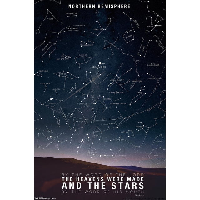 Affiche Murale The Stars, 22,375 Pouces x 34 Pouces, Affiche une Carte Détaillée de l'Hémisphère Nord avec des constellations Étiquetées comme Ursa Major, Orion, Cassiopée et Scorpion contre un Ciel Nocturne Sombre au-Dessus d'Une silhouette de Montagne, Convient comme art Mural pour la Déco de la Maison, avec une Citation du Psaume 33:6 au Bas.