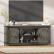 Kojooin Farmhouse TV Stand for 75 in TV with Power Outlets, Sliding Barn Doors and Adjustable Shelves