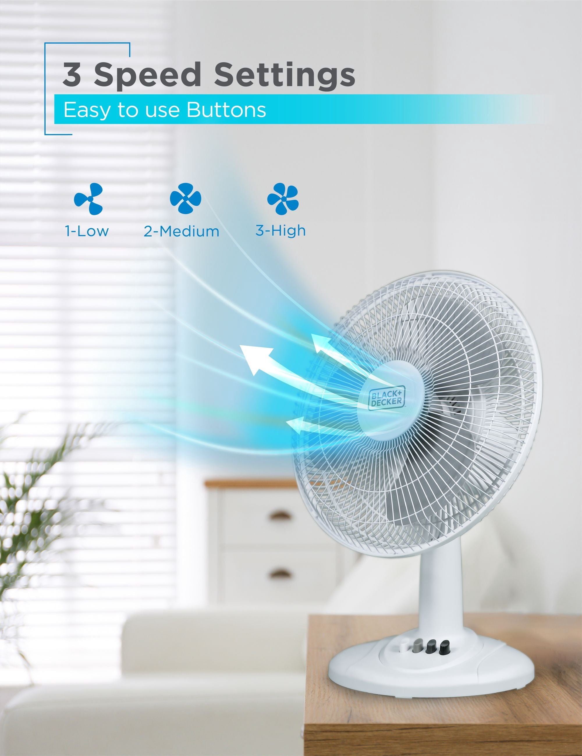 Ventilateur de bureau BLACK+DECKER pour la maison et le bureau, 30 cm (12 pouces) avec 3 vitesses
