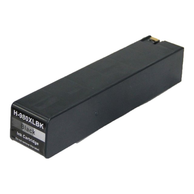 L-ink Compatible HP 980 Black Ink Cartridge (D8J10A) shown in a front angled view with a matte black rectangular plastic body and a label marked 'H-980XLBK Black Ink Cartridge'. Certified ISO14001 and ISO9001, it provides clear, crisp print quality with a 10000 page yield, compatible with HP Enterprise X555 and X585 series printers. It is also suitable for printing sharp text and detailed images.