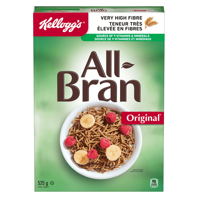 Kellogg's All-Bran Original Cereal 525g box showing a front view of a white bowl filled with bran cereal strands topped with banana slices and raspberries, highlighting very high fibre content and source of 9 vitamins and minerals, suitable for adding fibre to recipes, on a green background.