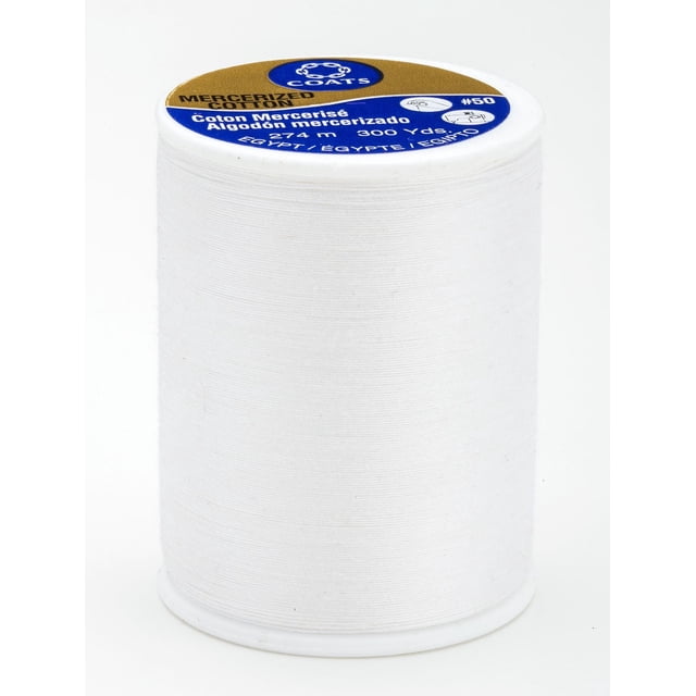 Coats & Clark™ 100% Cotton Thread, 300 Yards, white mercerized cotton sewing thread spool with blue and gold label showing brand logo, thread length, and weight #50, suitable for sewing natural fibers and often used for quilting and embroidery.